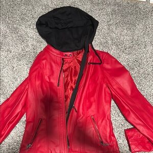 Guess Red and Black Leather Jacket with Hood